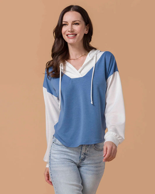 Pullover V-Neck Color Block Hoodie in Blue & White Pullover V-Neck Color Block Hoodie in Blue & White