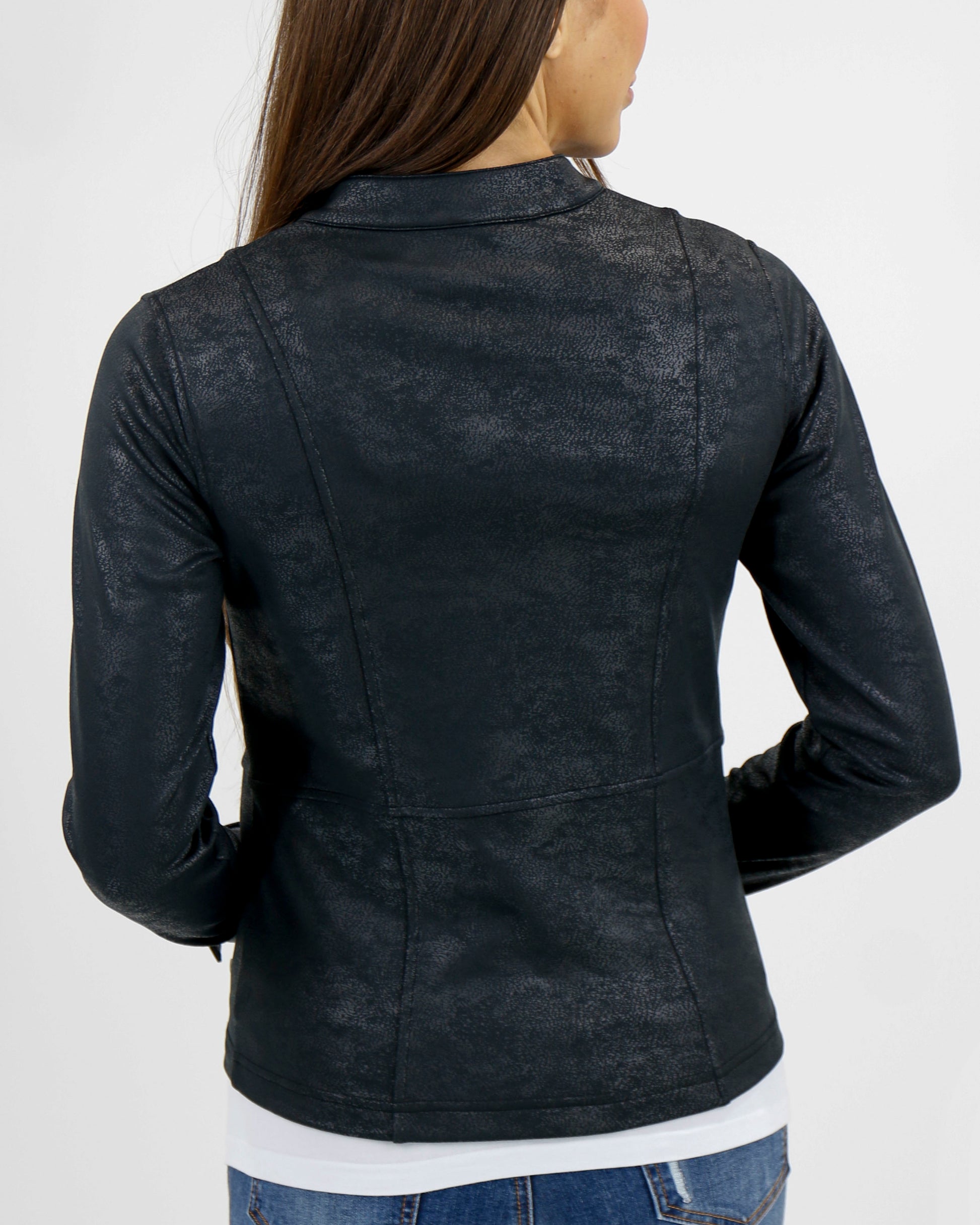 back view stock shot of black leather like cafe racer jacket