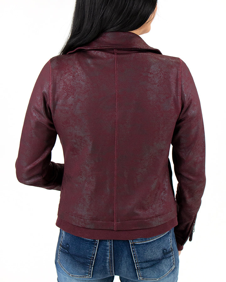 back view stock shot of bordeaux move-free leather like moto jacket