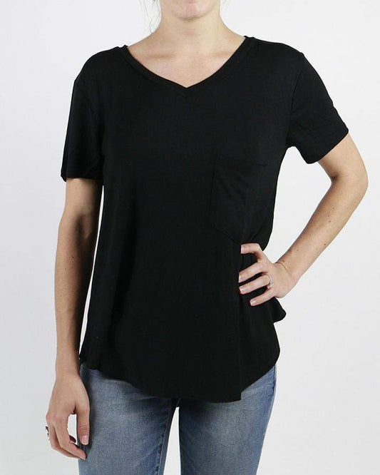 front view of black perfect pocket tee front view of black perfect pocket tee