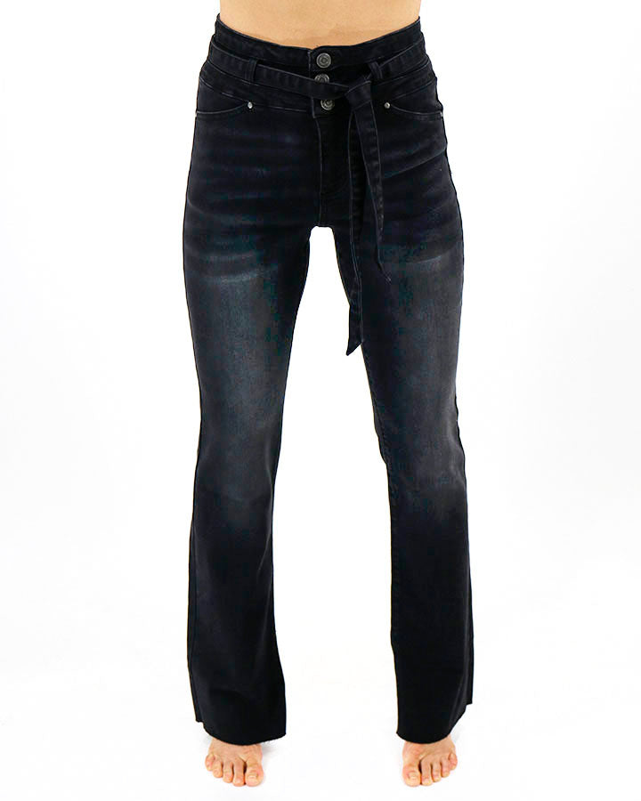 Waist Tie Flares in Washed Black - FINAL SALE