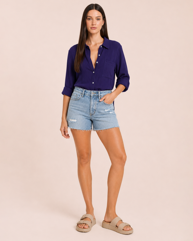 Denim Shorts and Navy Button Down