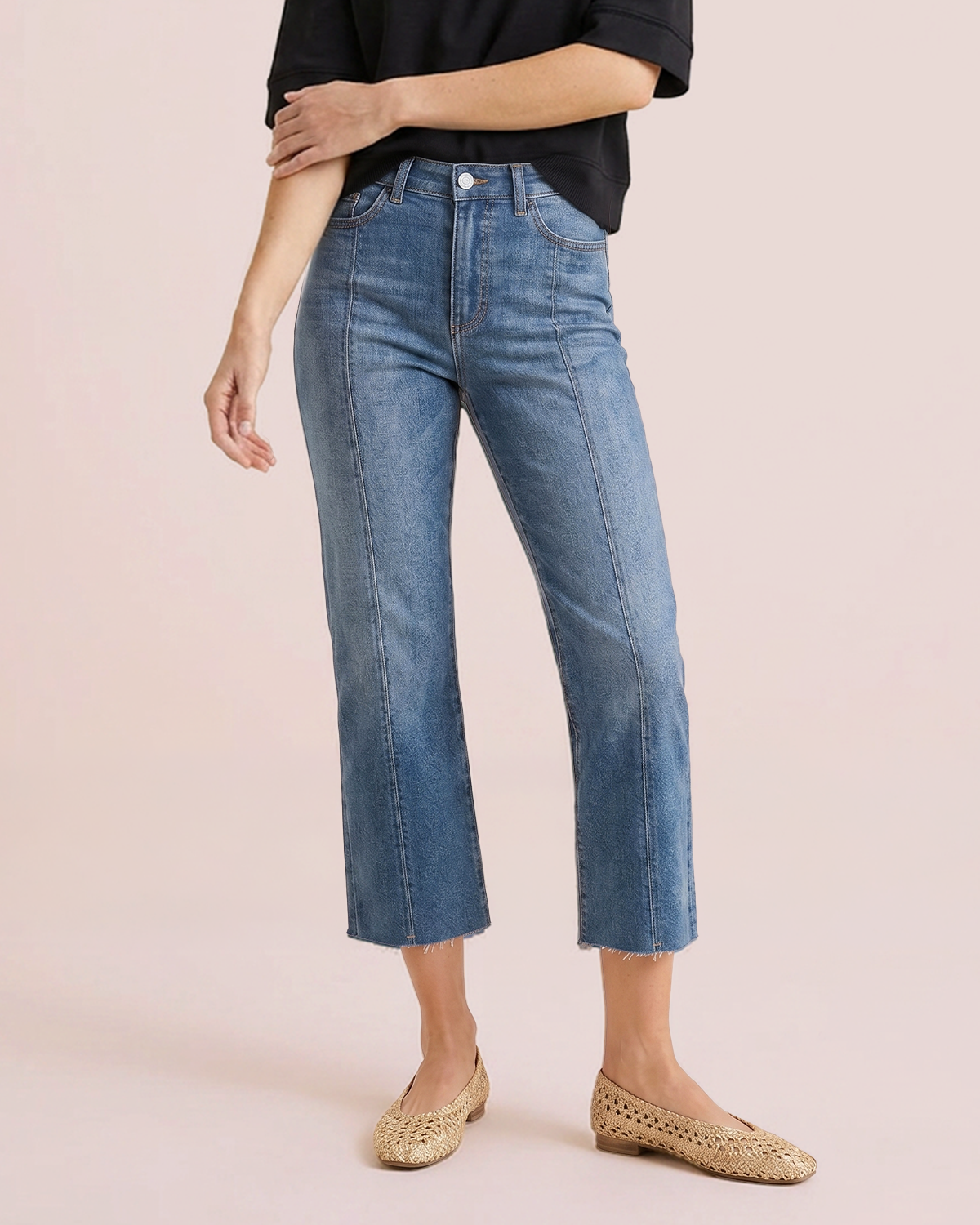 Front Seam Cropped Raw Hem Denim front view