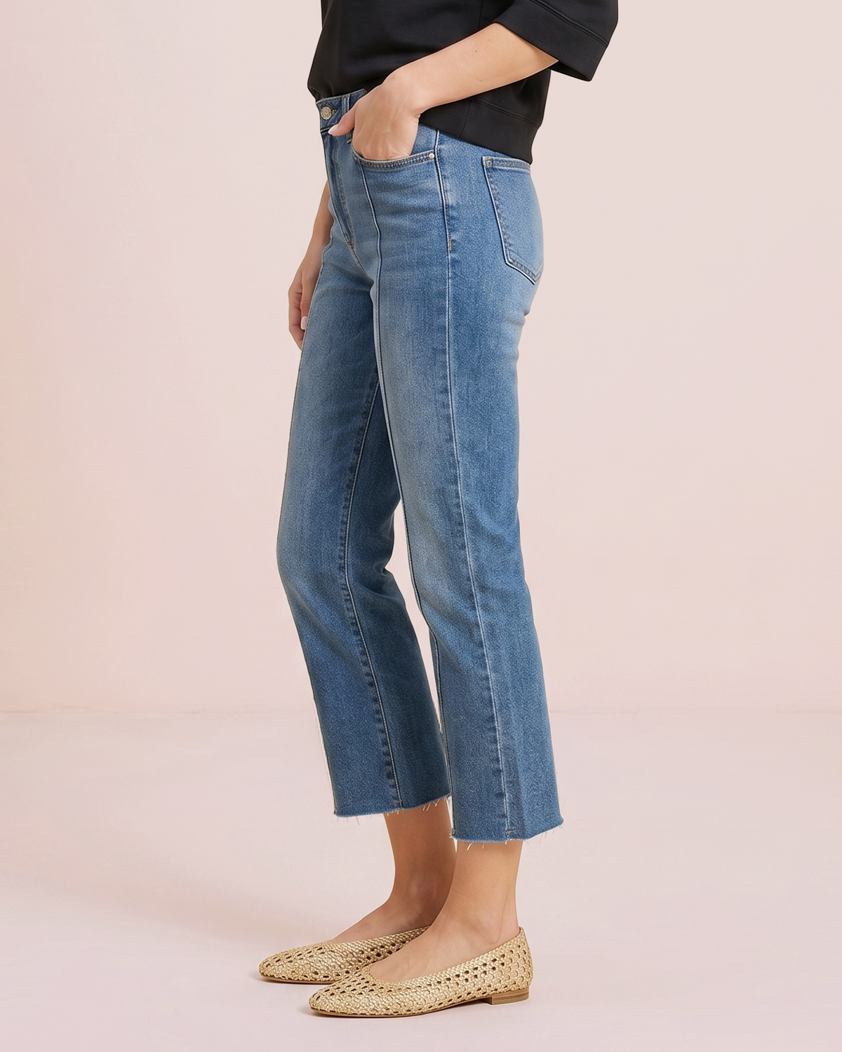 Front Seam Cropped Raw Hem Denim Side View