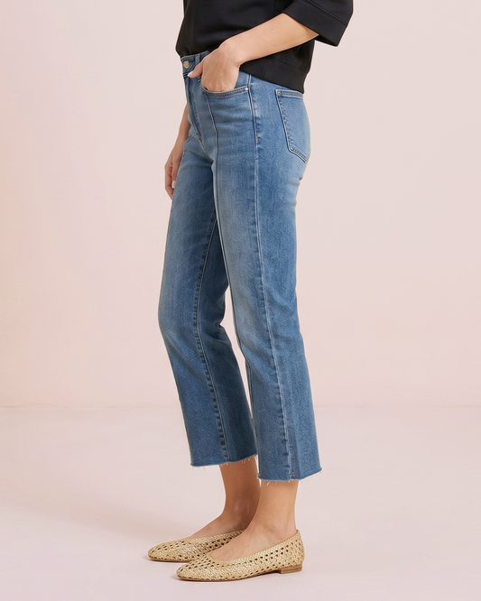 Front Seam Cropped Raw Hem Denim