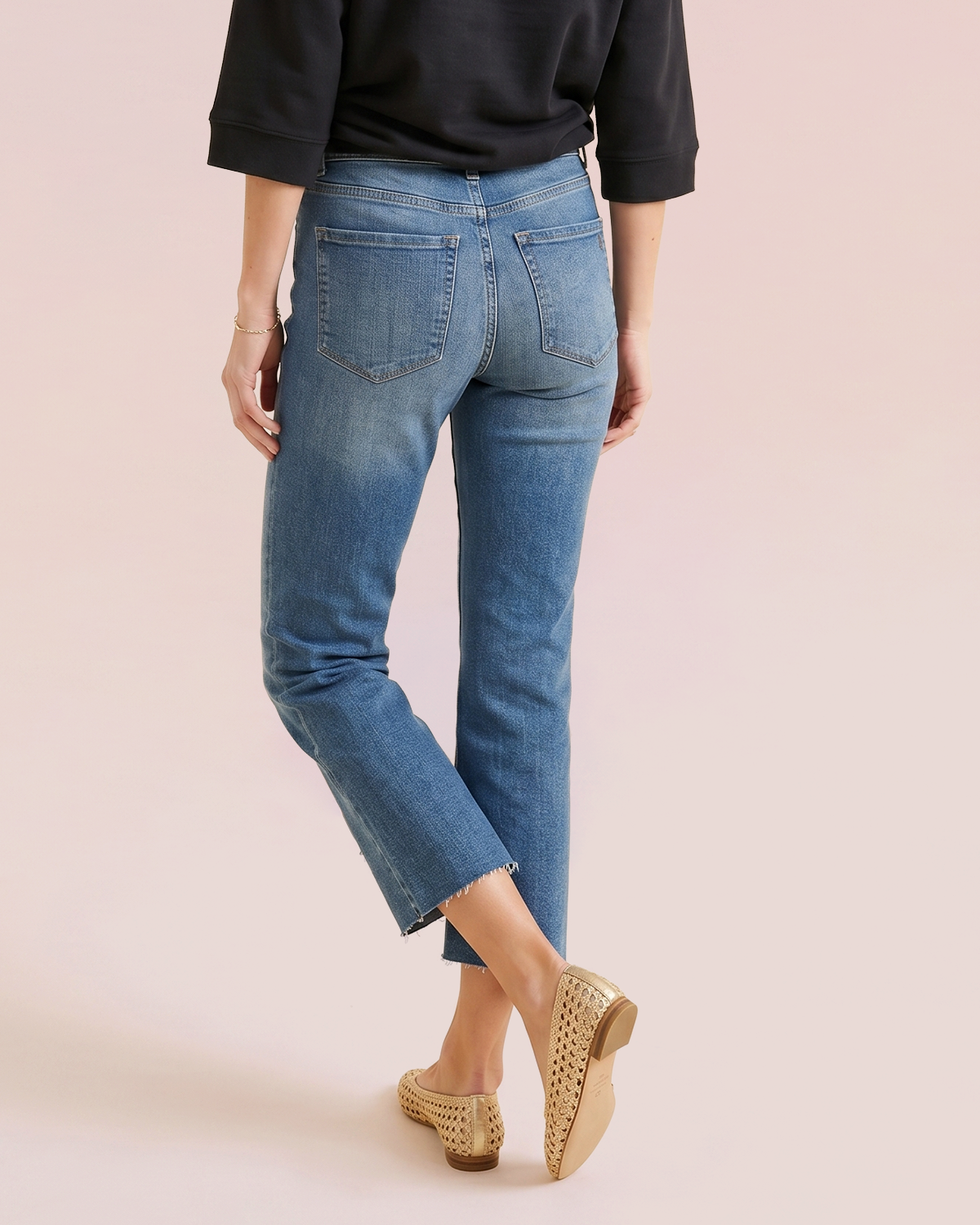 Front Seam Cropped Raw Hem Denim Side Back
