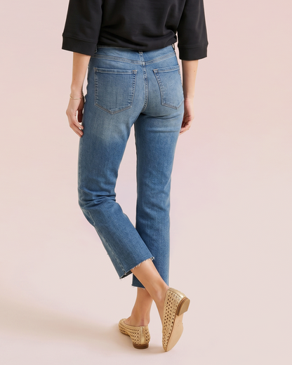 Front Seam Cropped Raw Hem Denim Side Back