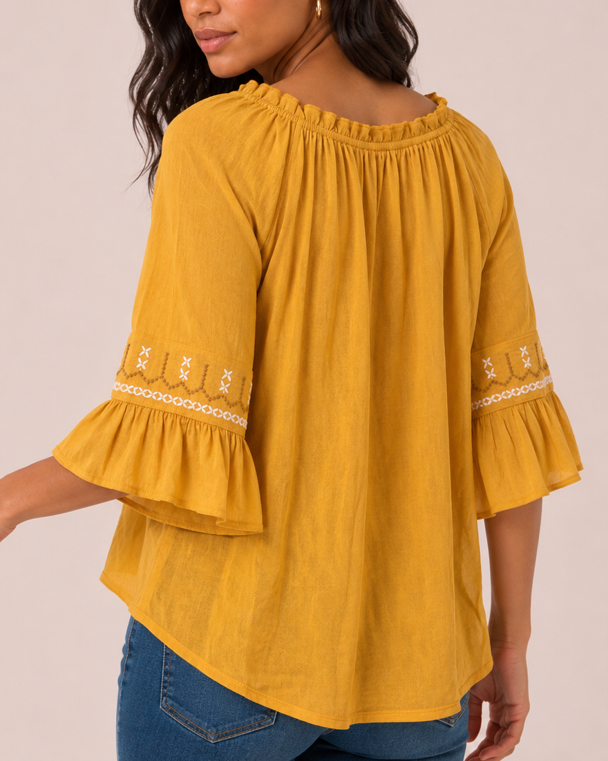 Back view of a woman wearing a mustard yellow peasant top with ruffle sleeves, decorative trim details, and blue jeans on a beige background