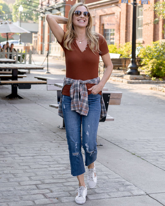 full body styled view of waffle tee in ember