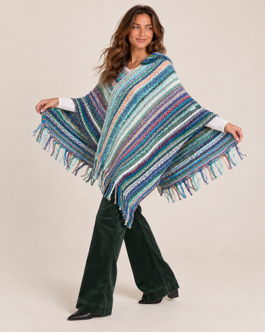Asymmetrical Knit Poncho with Hood in Blue