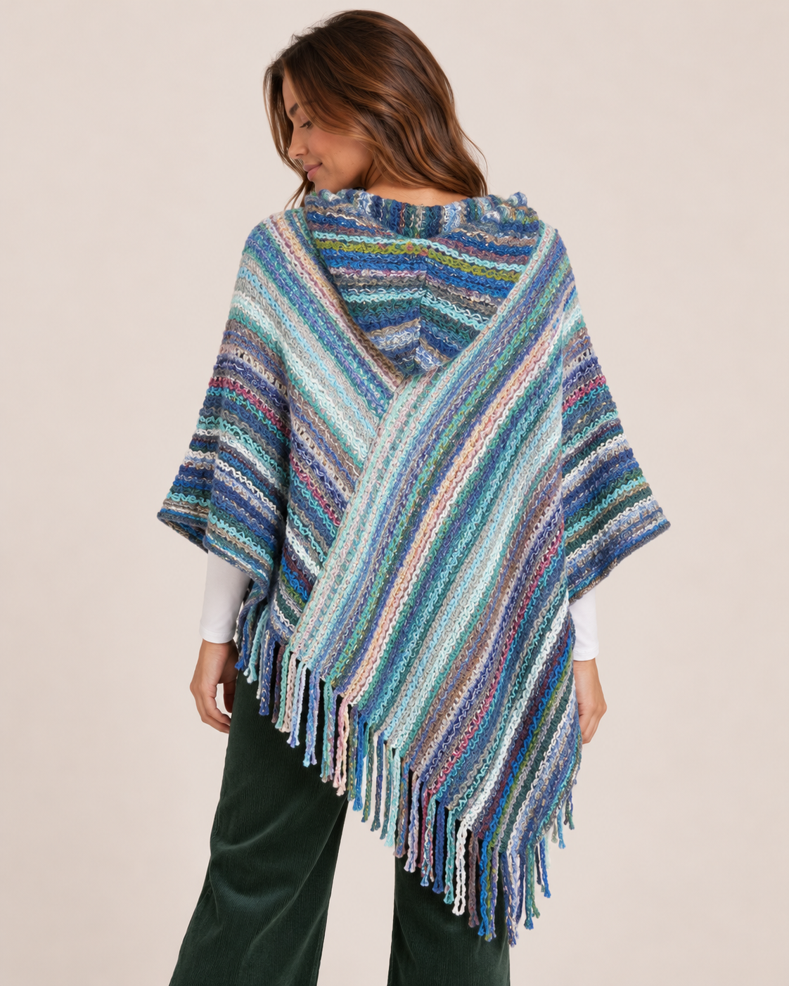 Asymmetrical Knit Poncho with Hood in Blue