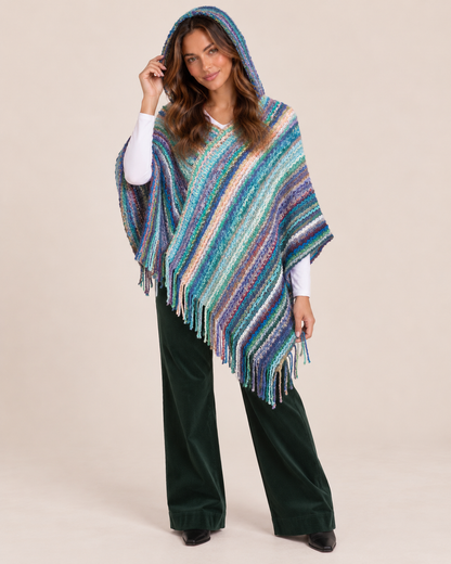 Asymmetrical Knit Poncho with Hood in Blue