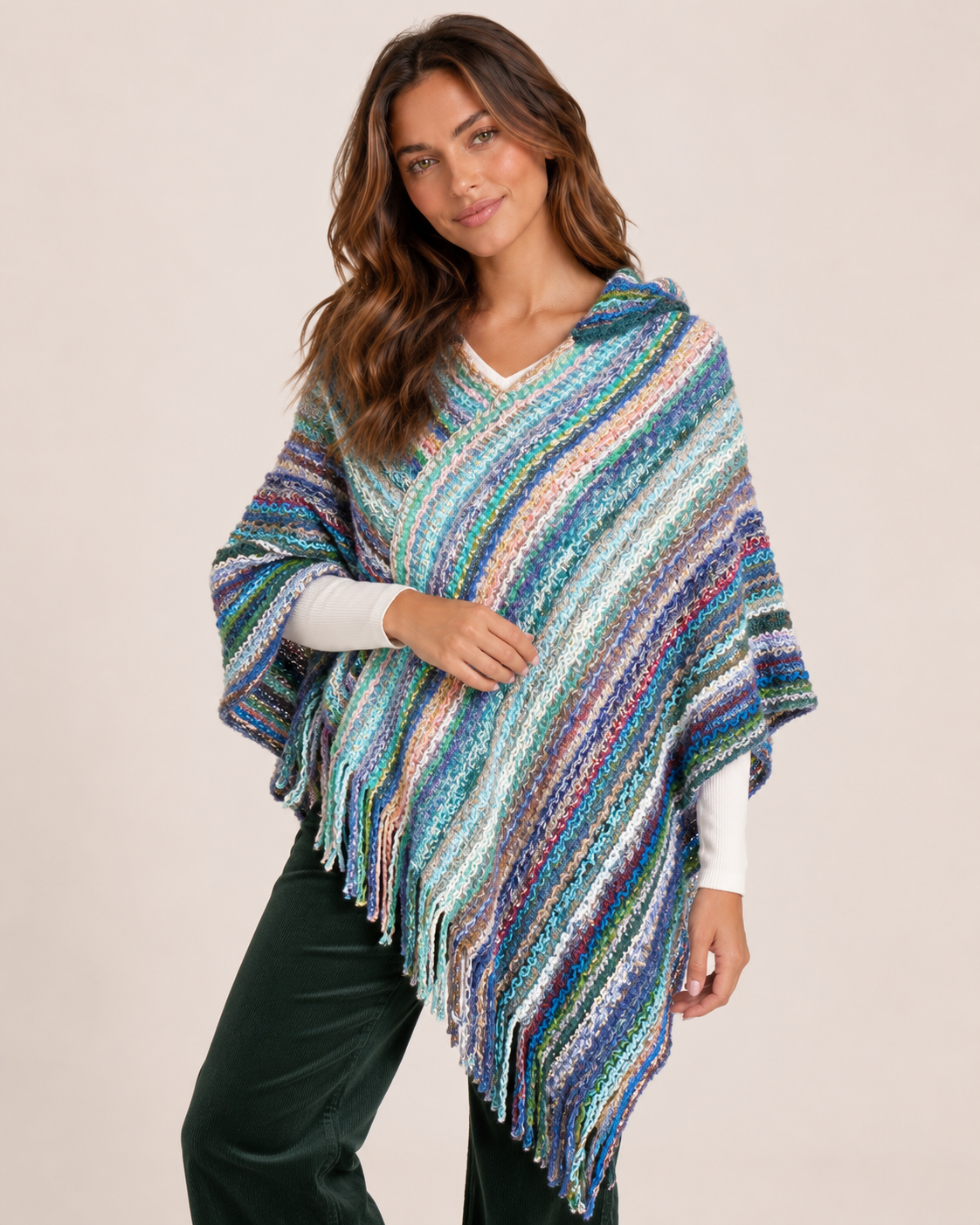 Asymmetrical Knit Poncho with Hood in Blue