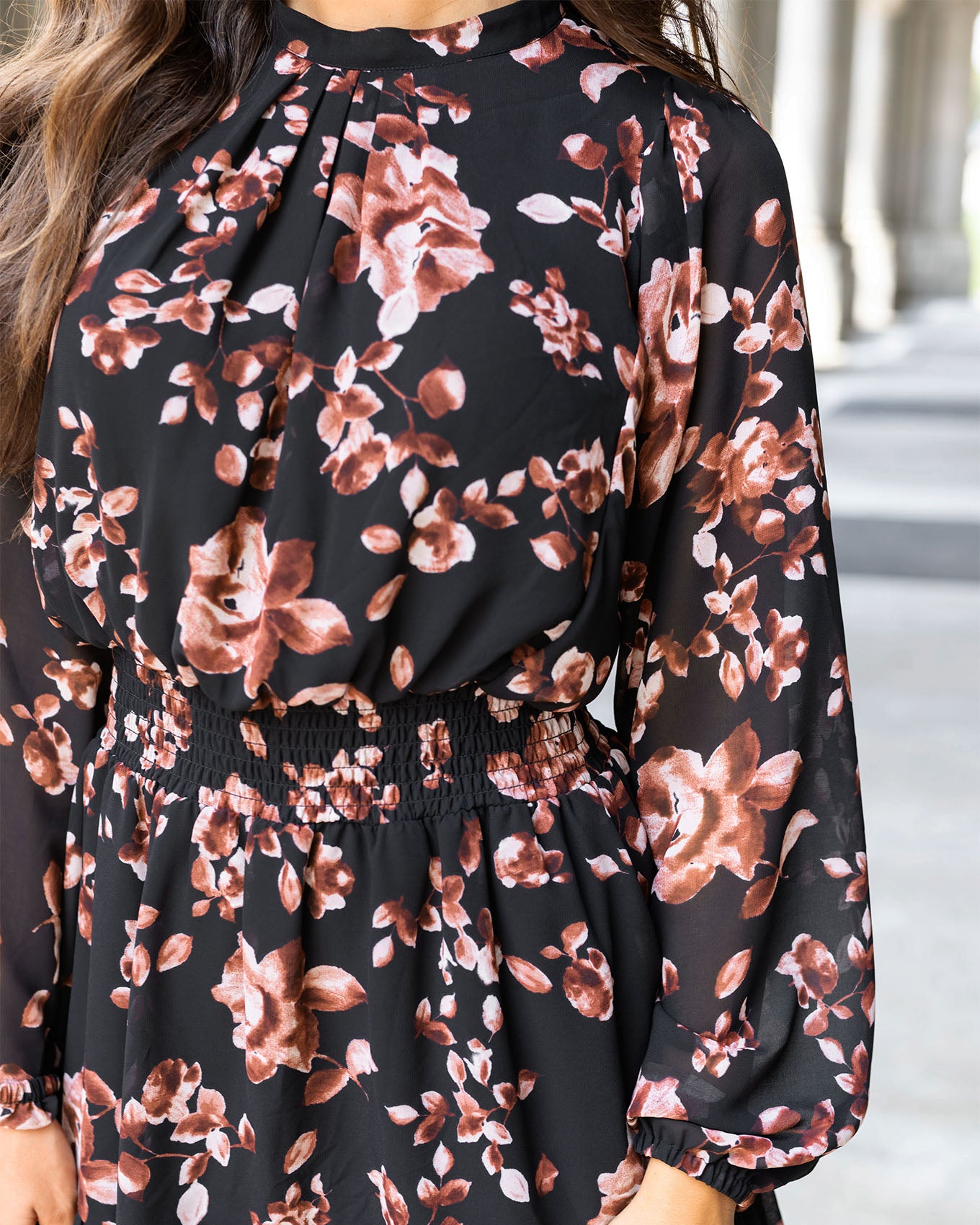 close up view of flora autumn dress