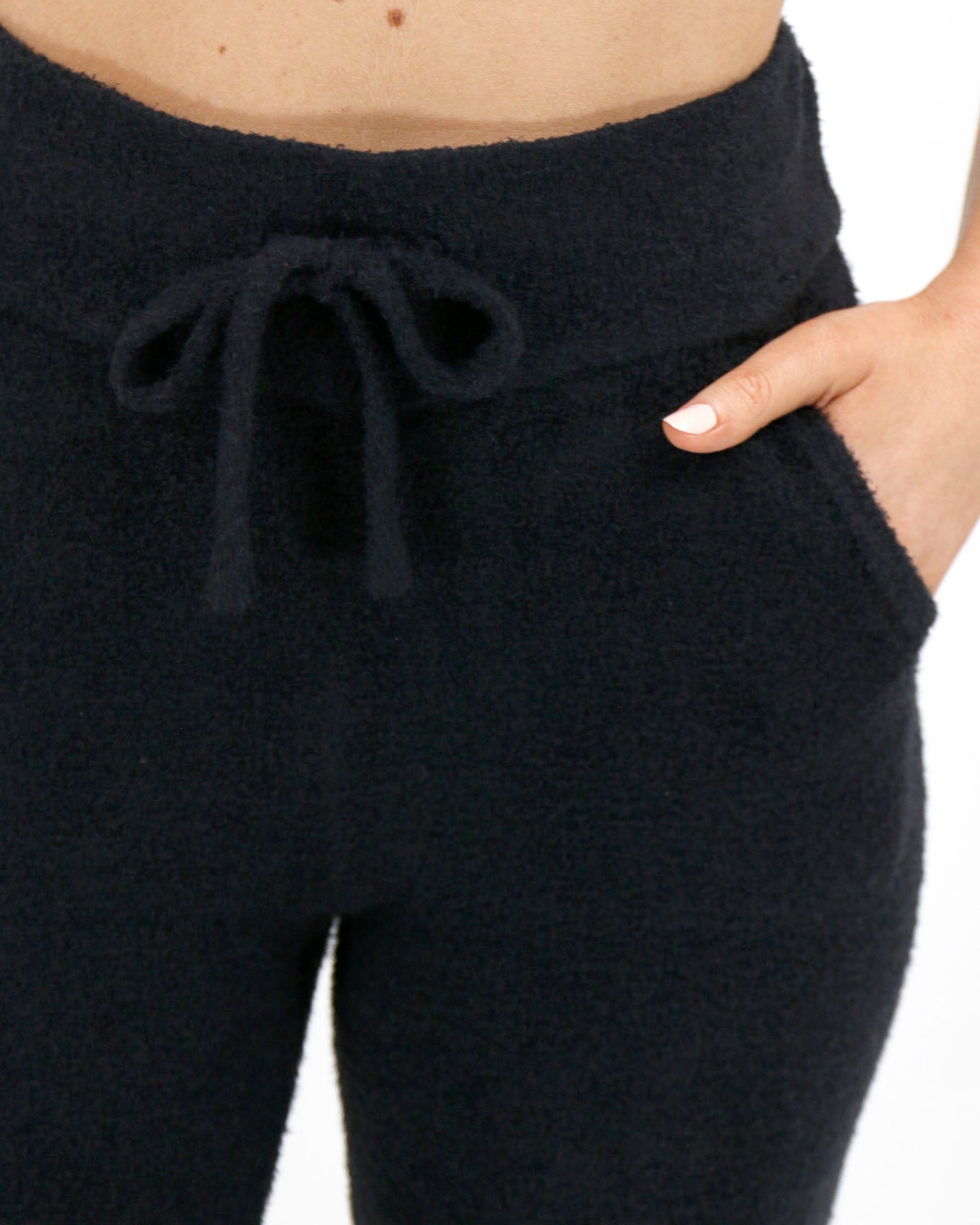 detail view stock shot of black wide leg lounge pants