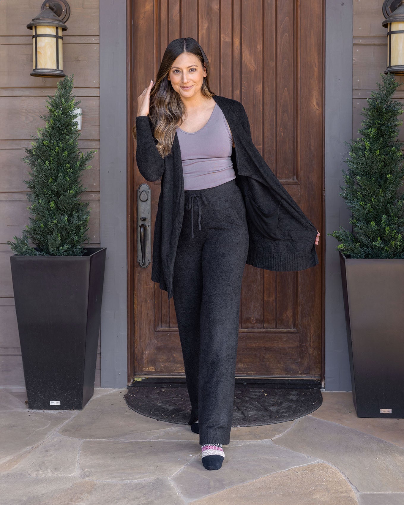 styled view of black wide leg lounge pants