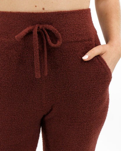 detail view stock shot of red wide leg lounge pants