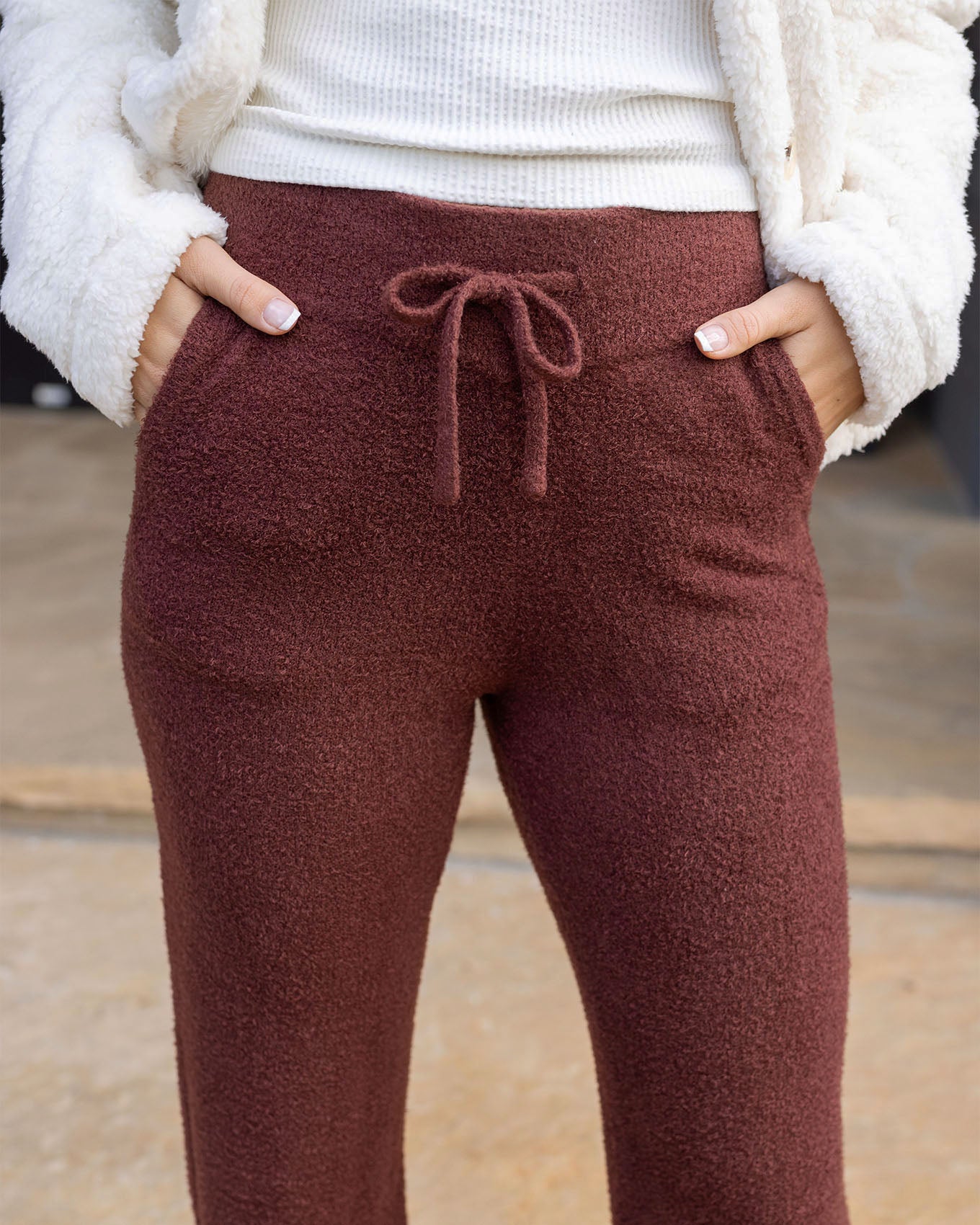 detail view of red wide leg lounge pants
