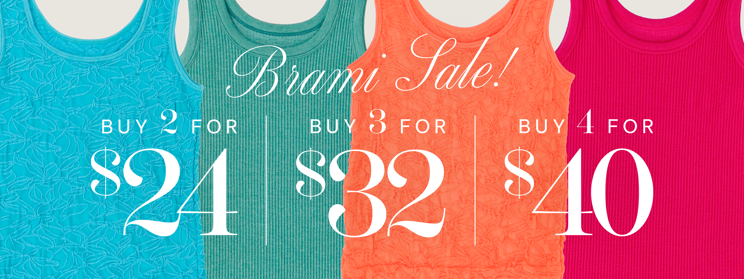 Four tank tops in blue, green, orange, and pink with sale text and pricing.