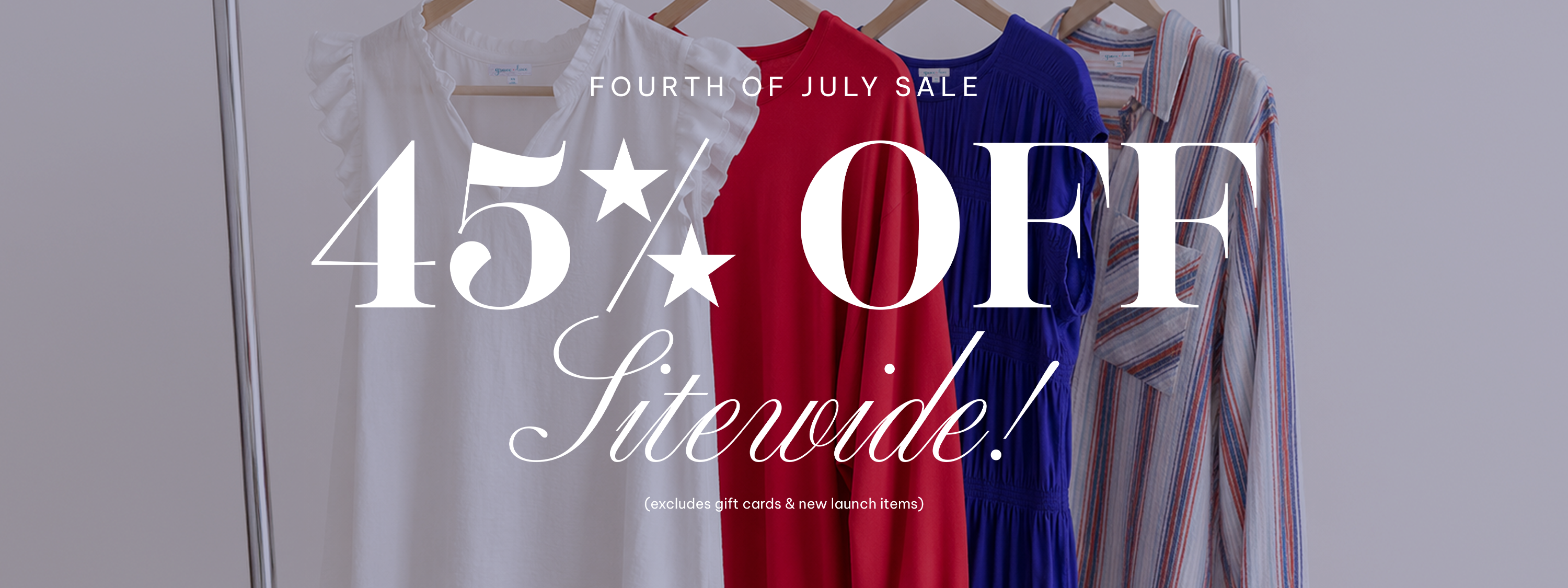 Fourth of July Sale text over rack of clothing items with a white background. 