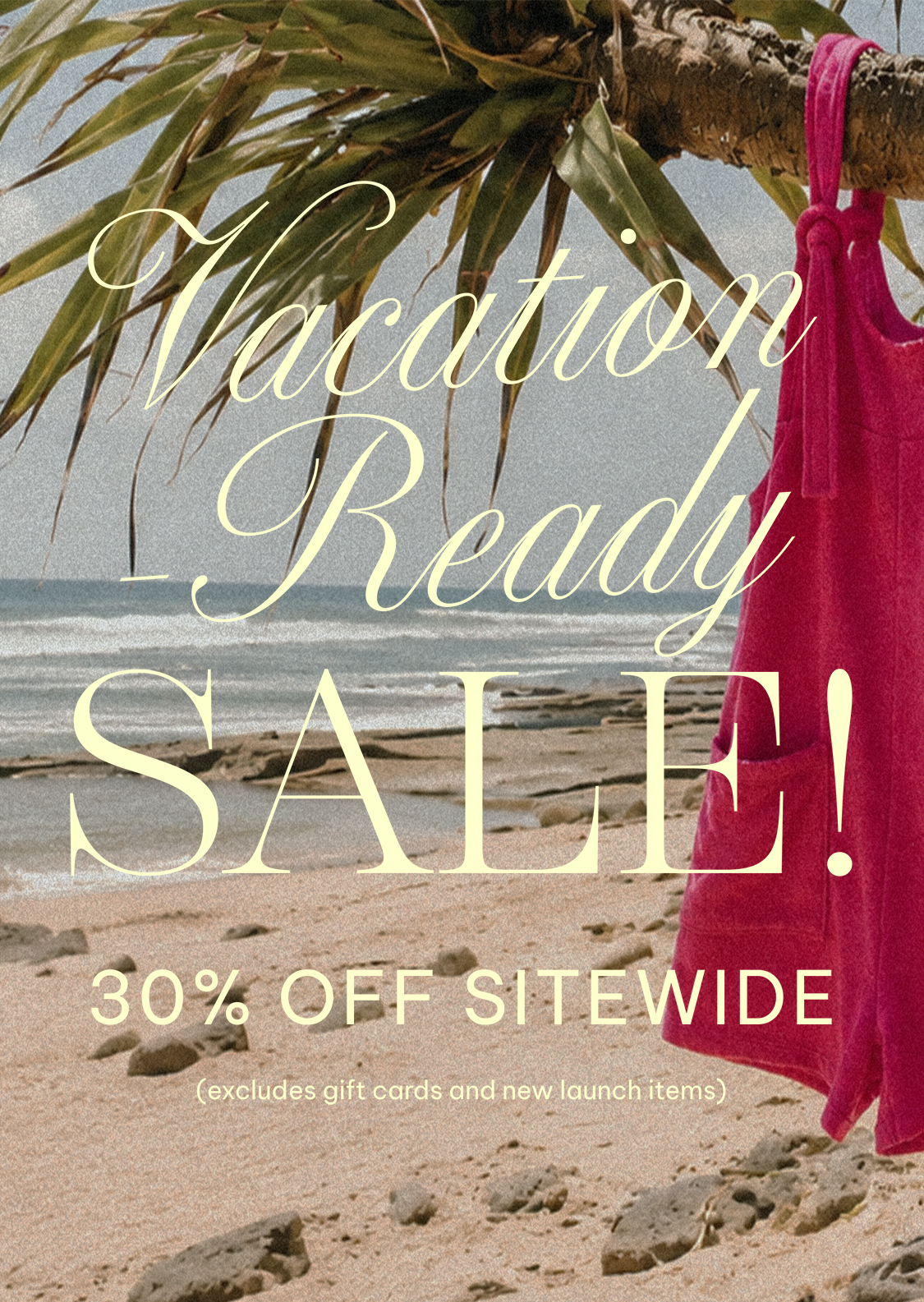 Beach scene with a pink dress hanging on a palm branch, promotional text overlay for a sale.