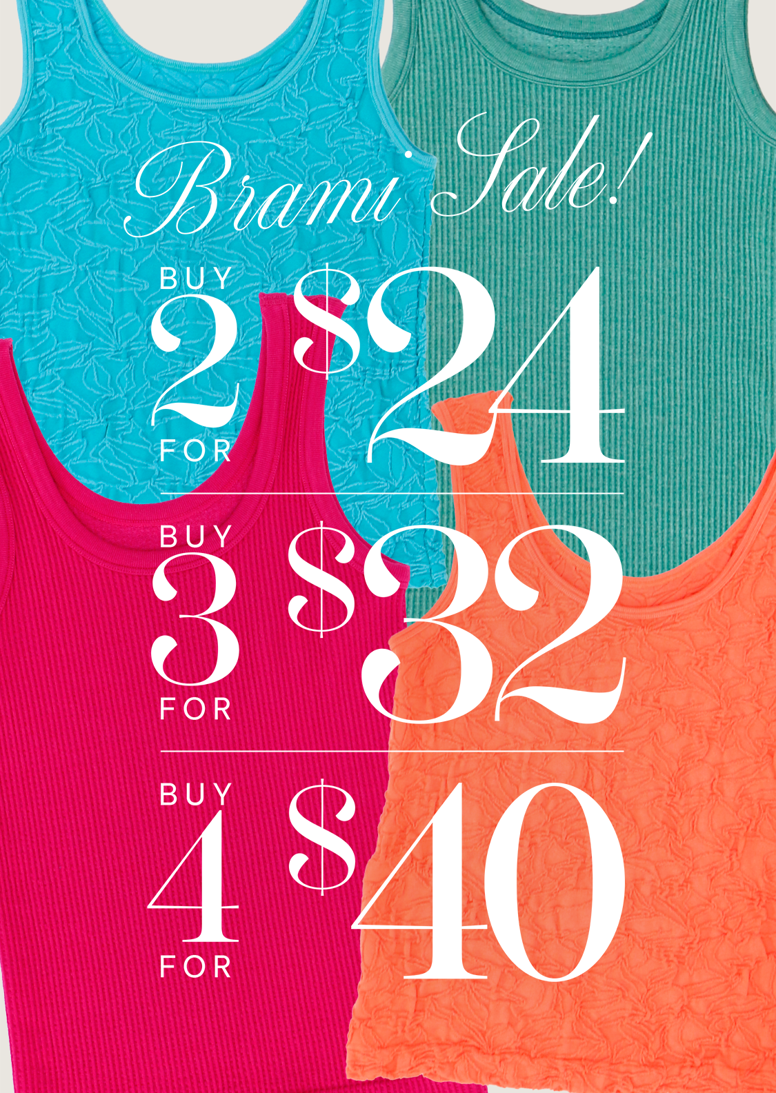 Promotional graphic for tank tops with sale pricing text overlay.