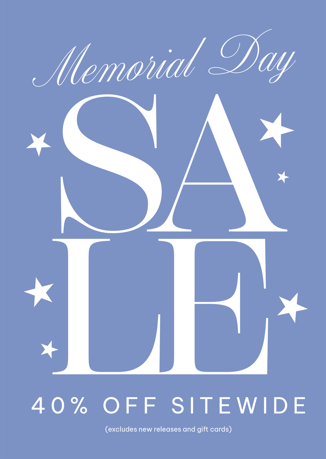 Memorial Day sale advertisement with stars on a blue background