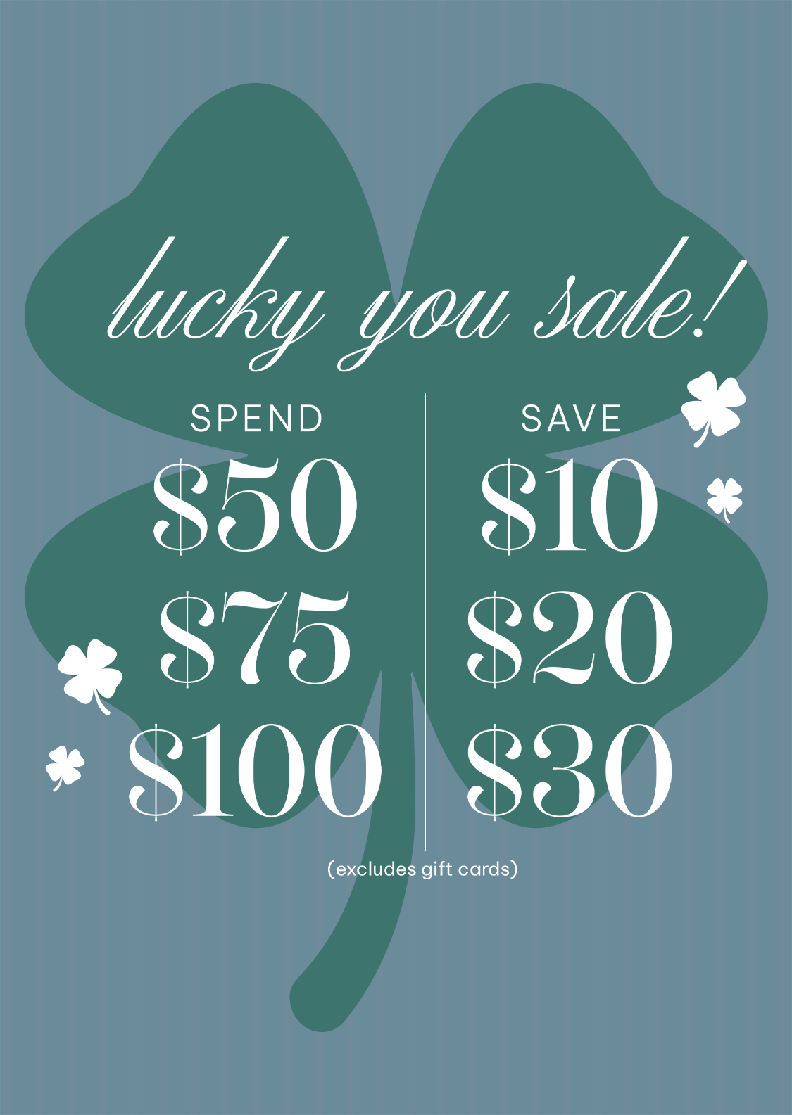 Promotional graphic with a four-leaf clover design and text about a 'lucky you sale' on a blue background.