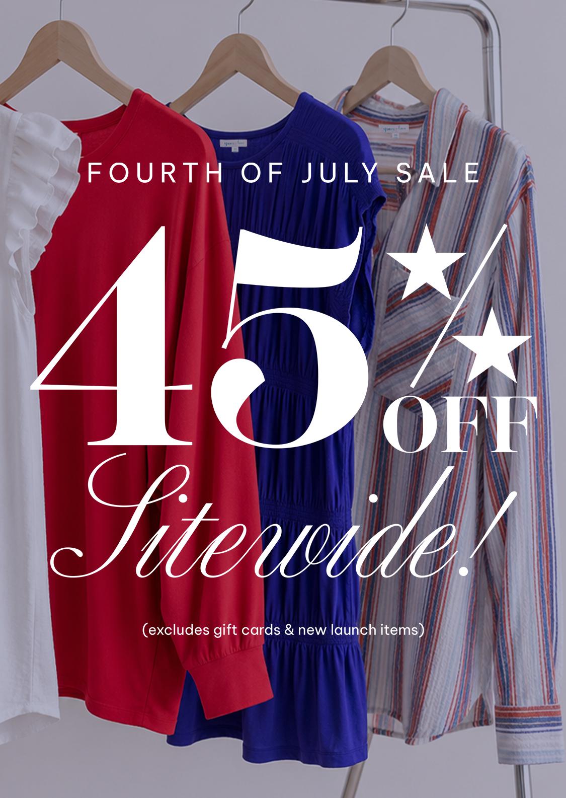 Fourth of July Sale text over clothing rack with a white background.