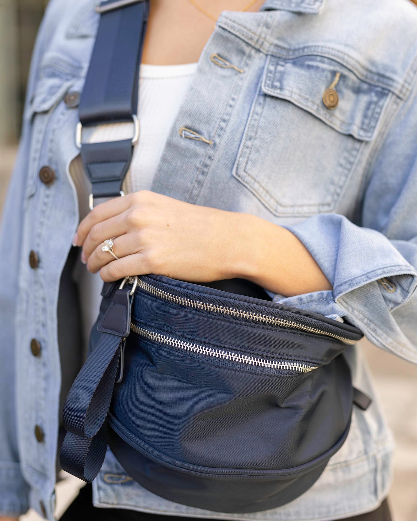 Close up view of Navy Belt Bag