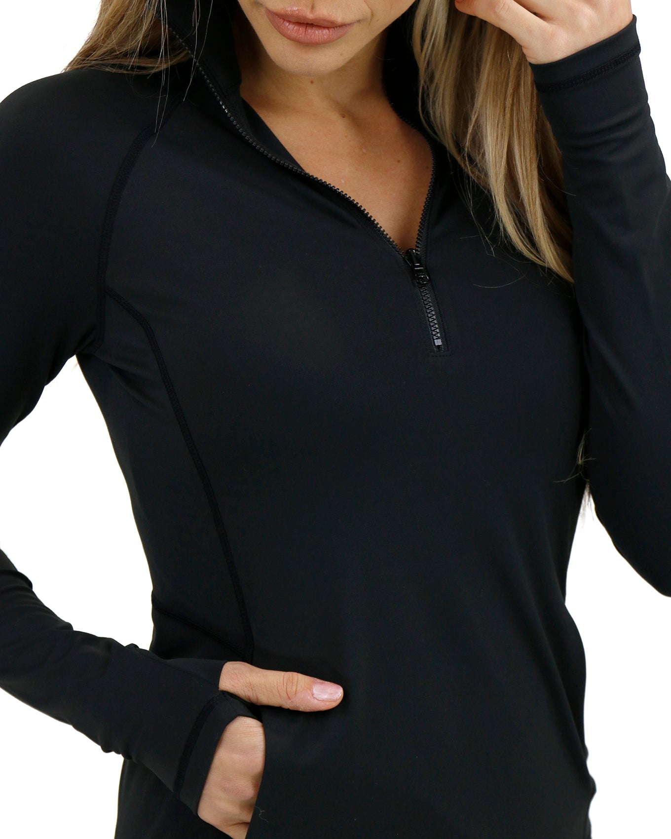 Close up view of Black Best Athletic Quarter Zip Top