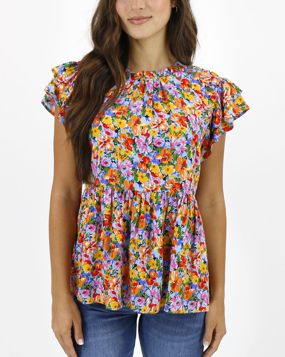 front view stock shot of freesia floral women's blouse