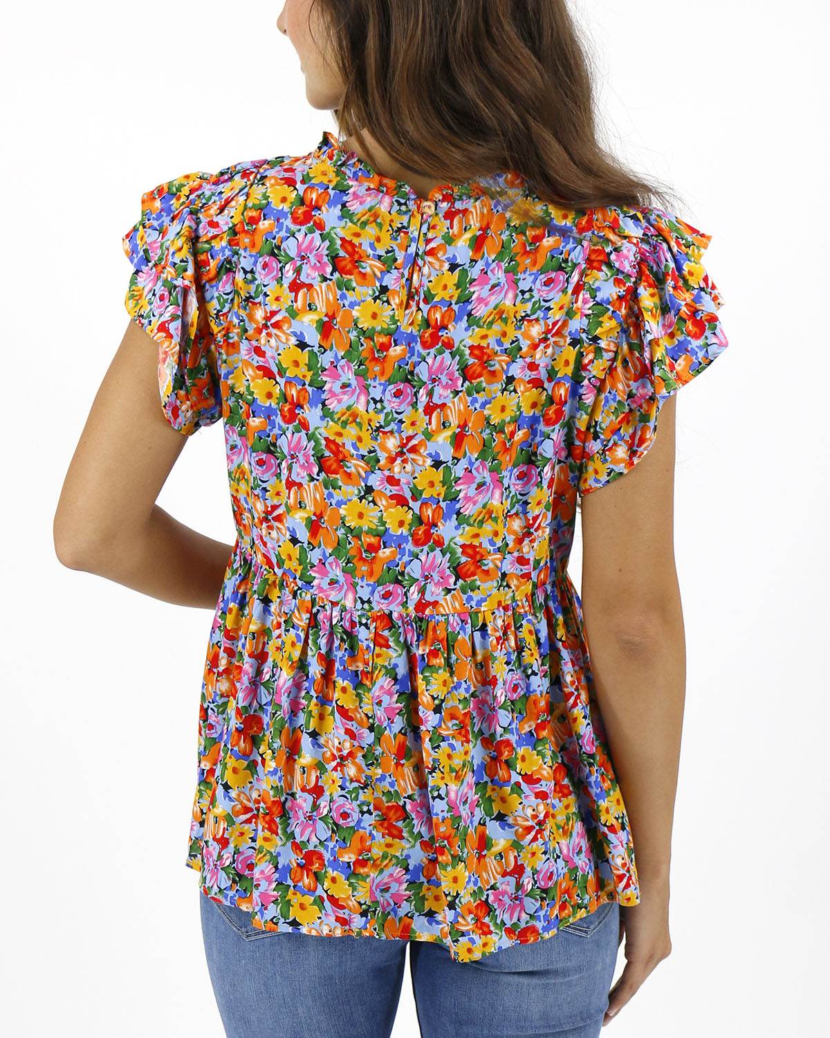 back view stock shot of freesia floral ruffle sleeve women's blouse