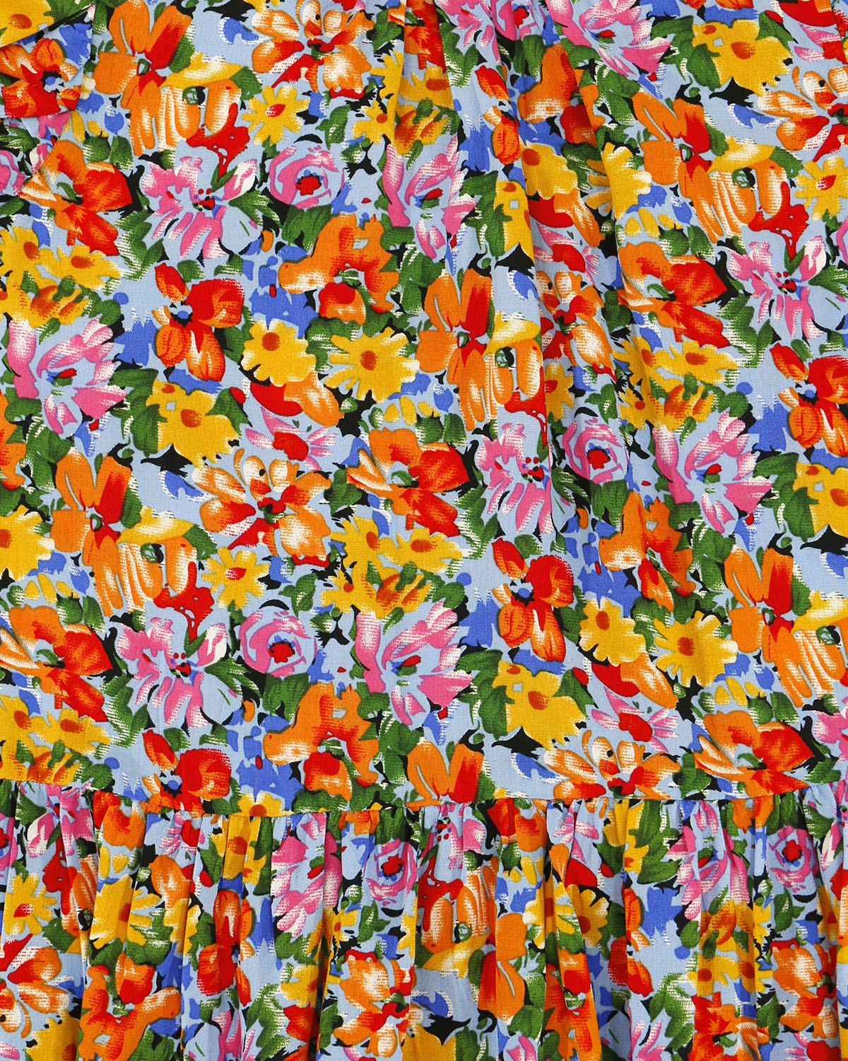 close up stock shot of the freesia floral pattern and print of ruffle sleeve women's blouse