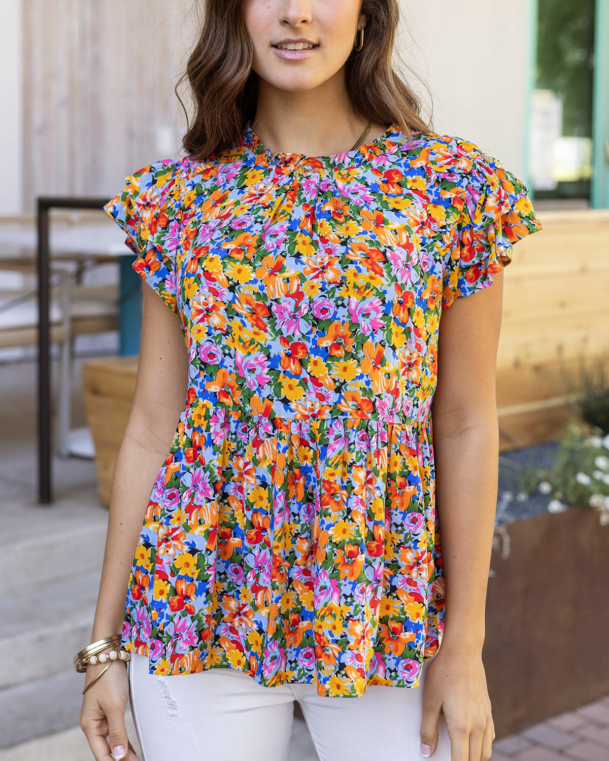 front view freesia floral ruffle sleeve women's blouse