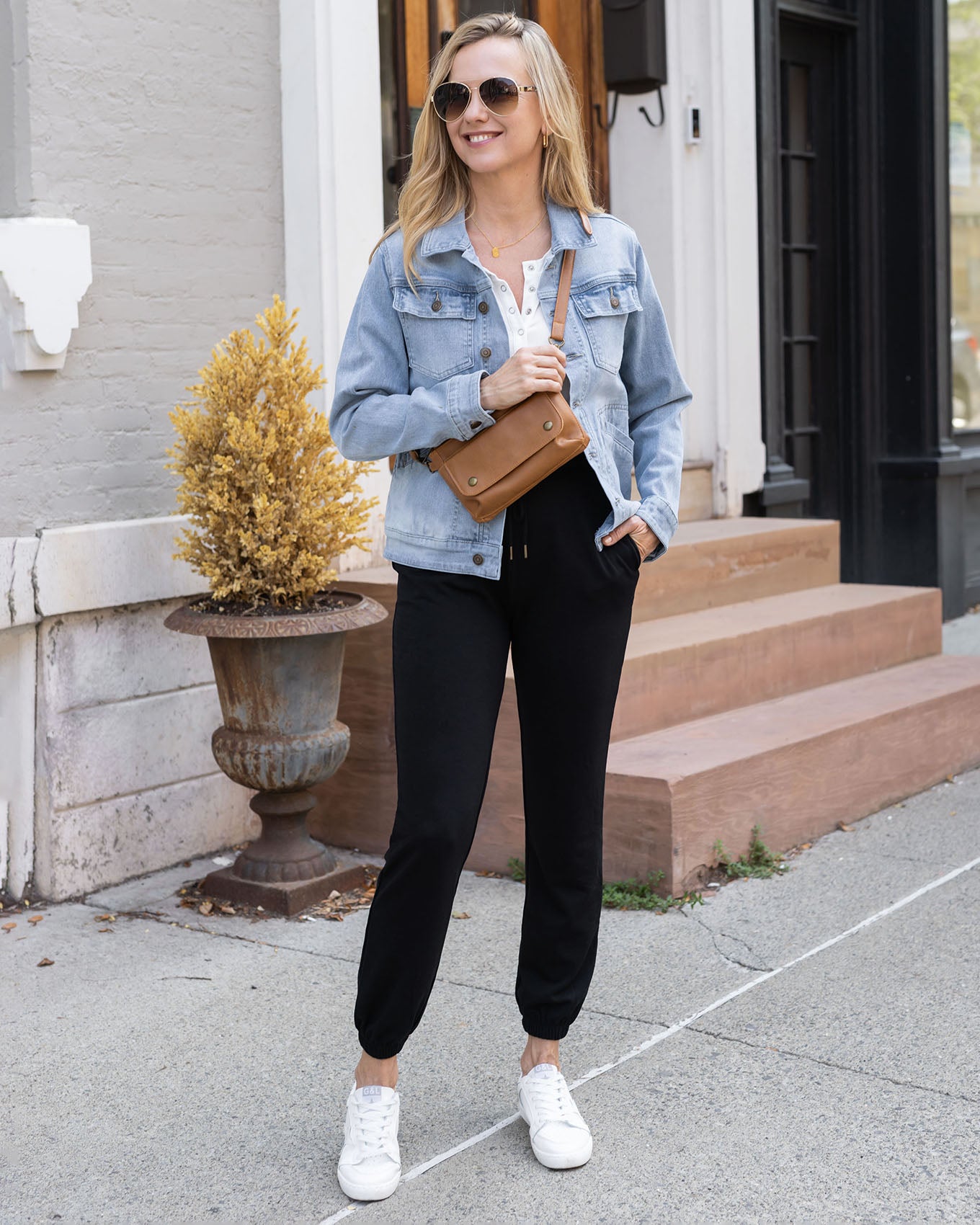 full body view of boyfriend denim jacket