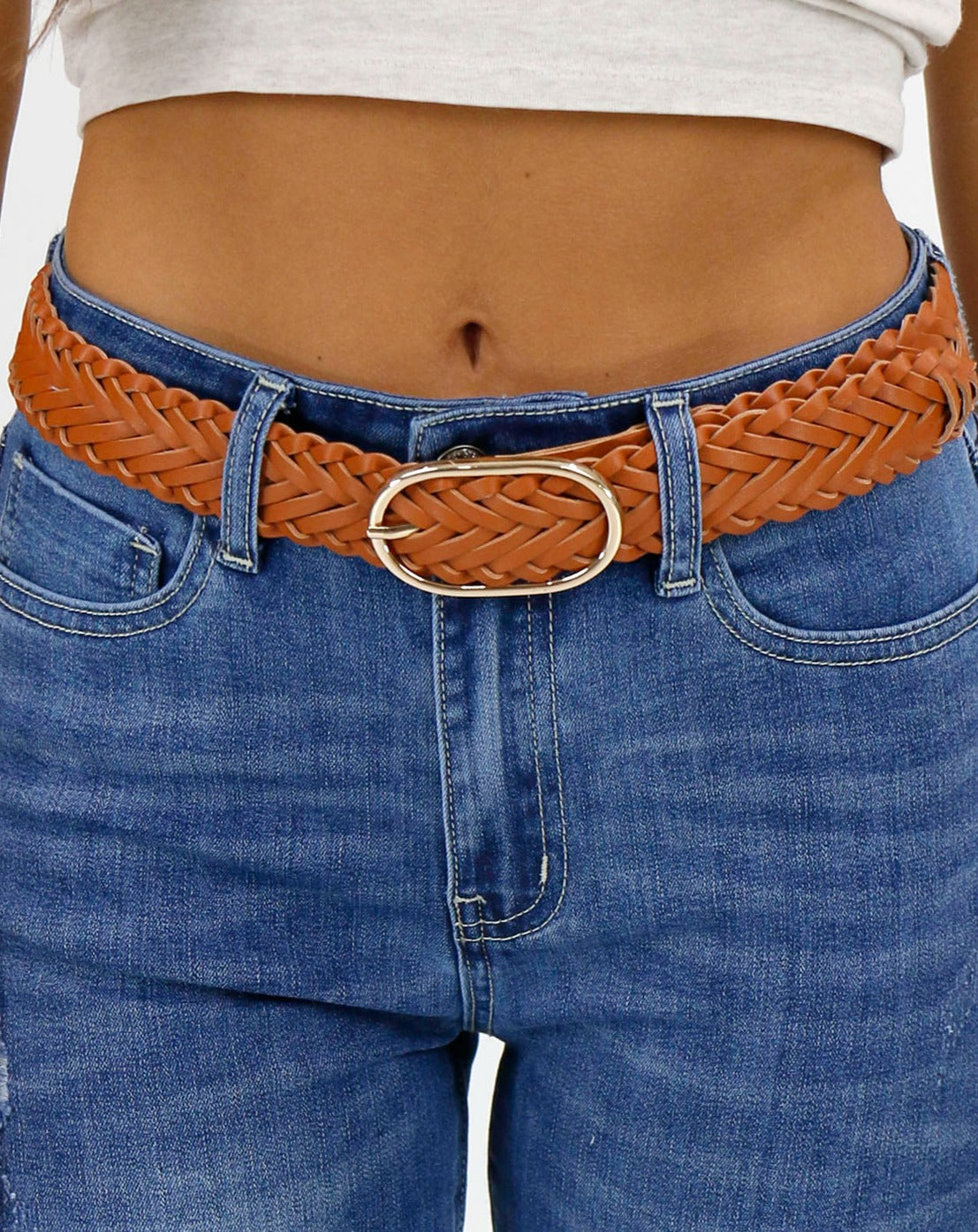 Front view stock image of women's braided faux leather gold buckle belt 