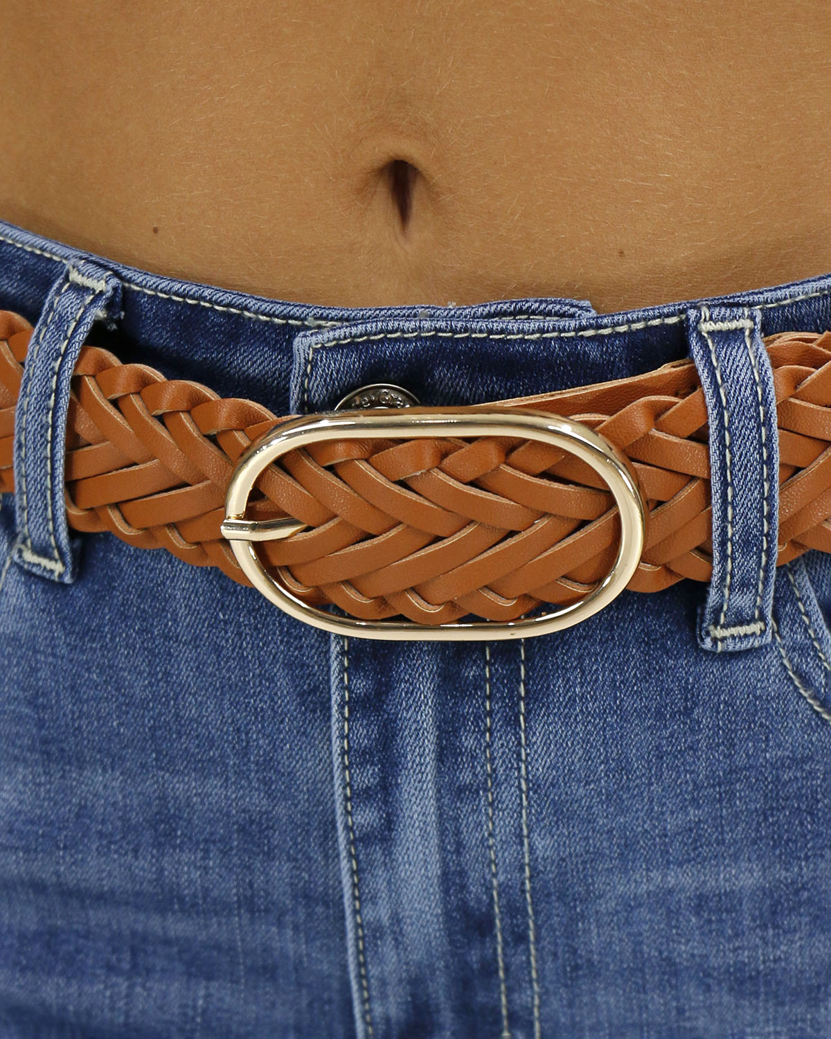 Braided Faux Leather Belt - Gold Buckle