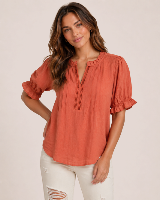 Breezy Days Papaya Gauze Top Untucked with Cream Denim Jeans