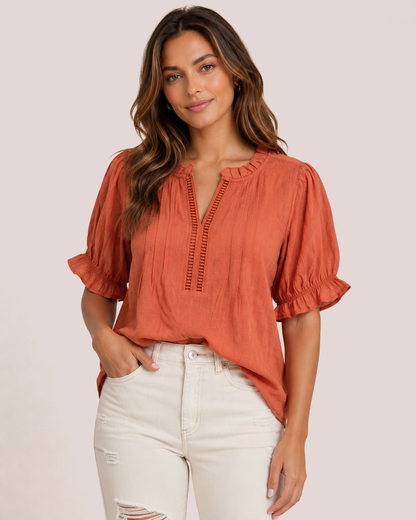 Breezy Days Papaya Gauze Top Front tucked with Cream Denim Jeans