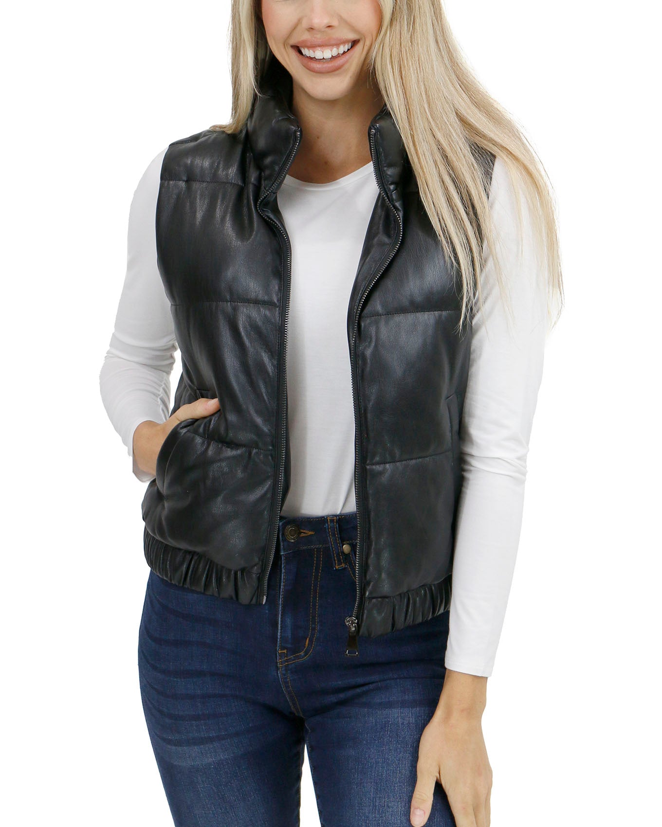 front view unzipped stock shot of black faux leather puffer vest