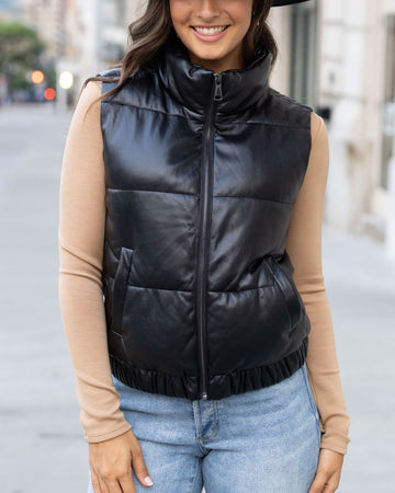 Never Letting Go Black Faux Leather Cropped Puffer Vest