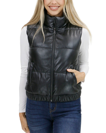 front viewzipped stock shot of black faux leather puffer vest