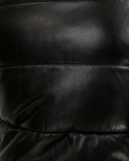 detail view of black faux leather puffer vest