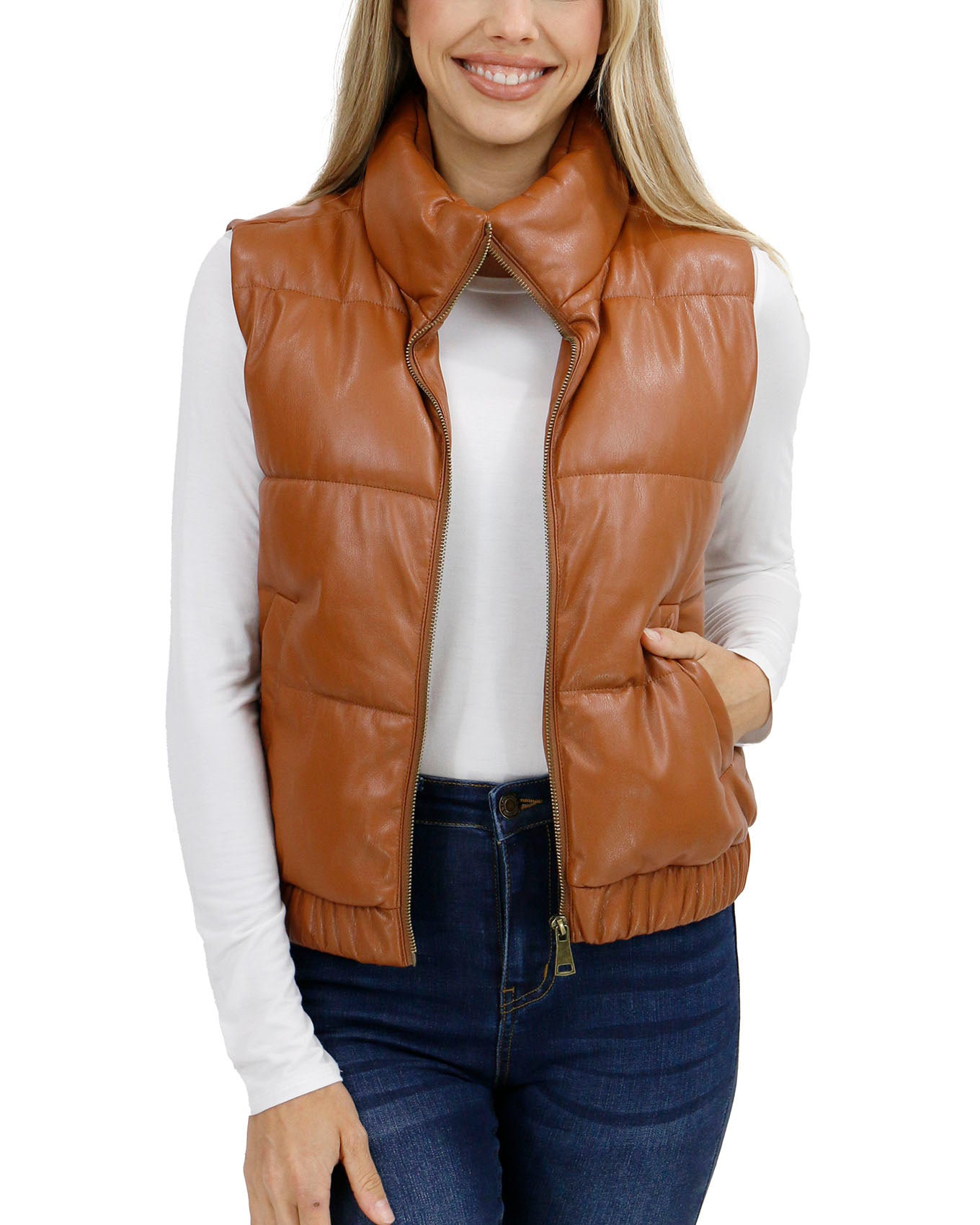 front view unzipped stock shot of cognac faux leather puffer vest