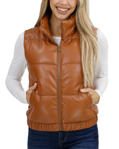 front view zipped stock shot of cognac faux leather puffer vest