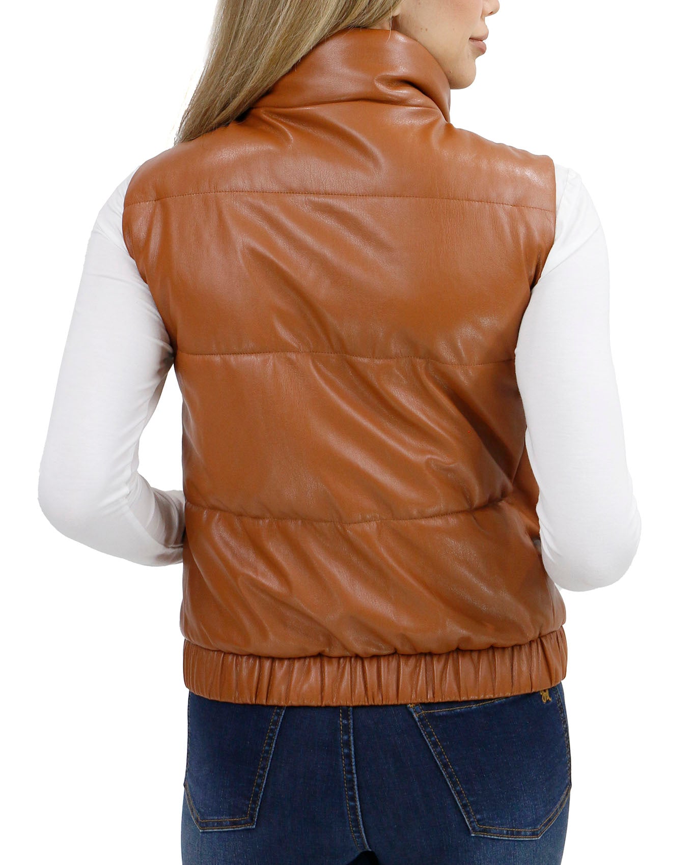 back view stock shot of cognac faux leather puffer vest
