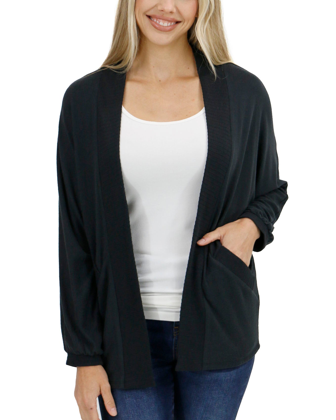 front view stock shot of buttery soft black cocoon cardi