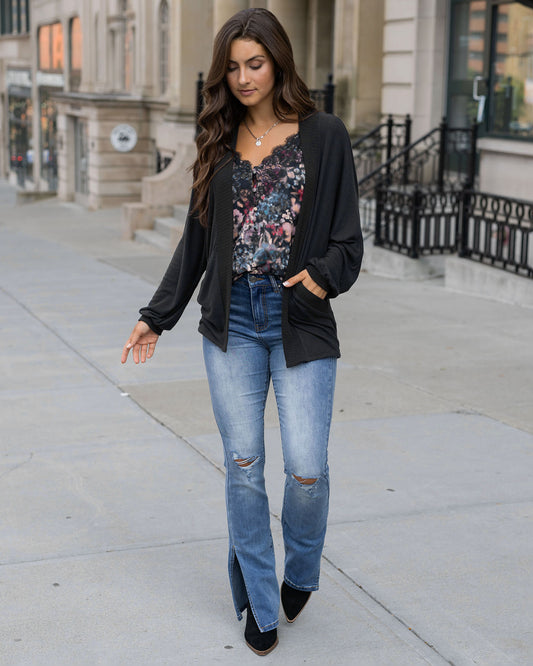 front view of buttery soft black cocoon cardi