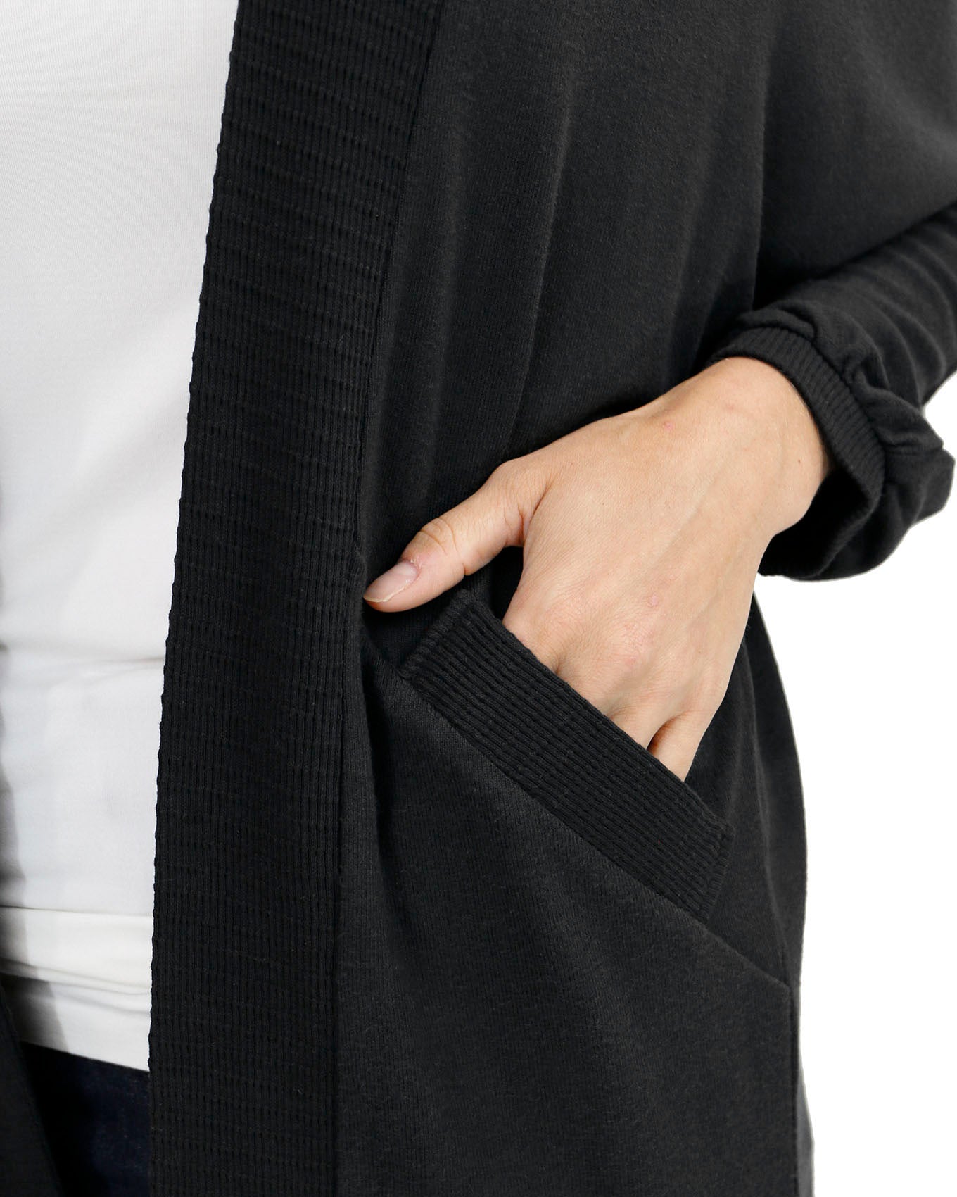 close up view of buttery soft black cocoon cardi